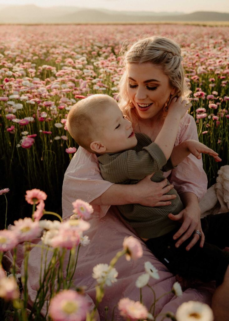 spring family photo flower field